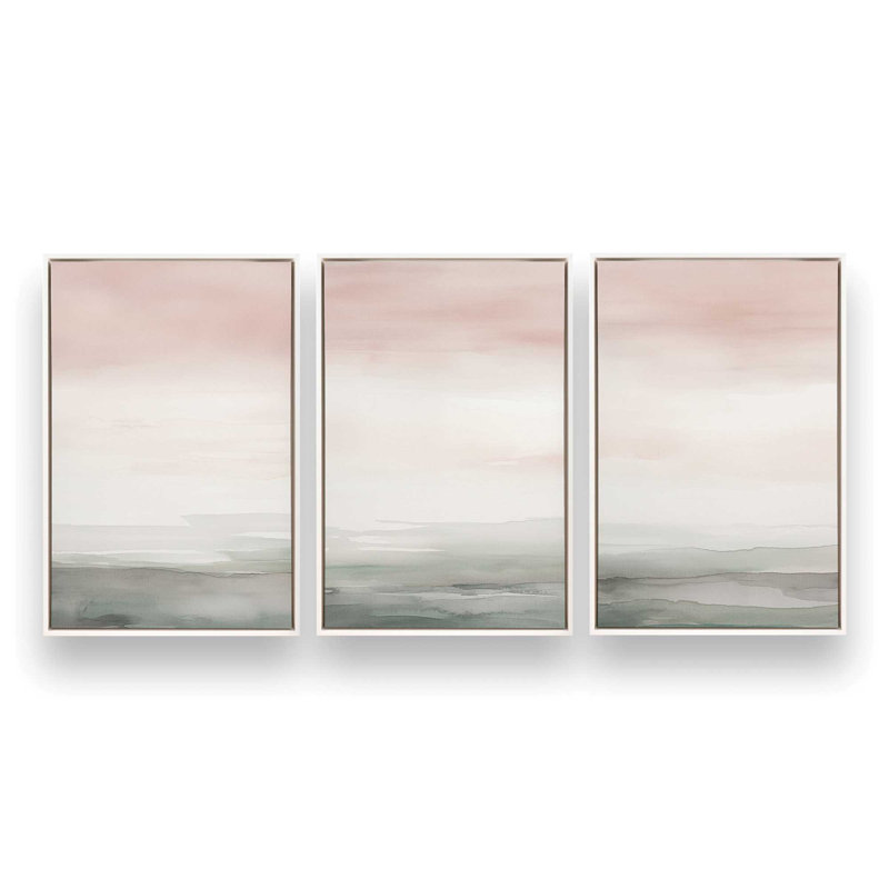 «Peach Tranquility», ensemble de 3 toiles encadrées, H 48,75 po x l 98,25 po x P 1,75 po, Cadre flottant blanc opaque