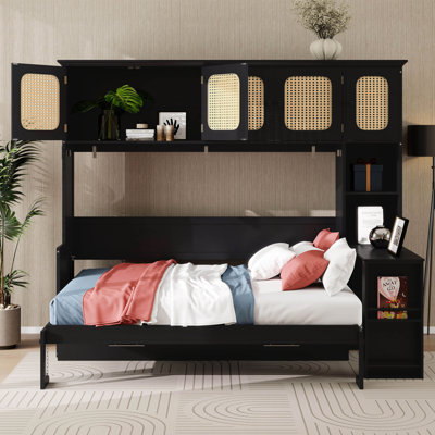 Lit escamotable avec bureau et armoires en rotin, lit escamotable peu encombrant