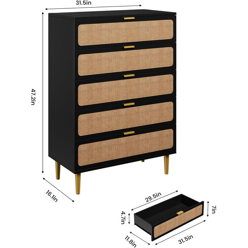 Rattan 5 Drawer Dresser, Black