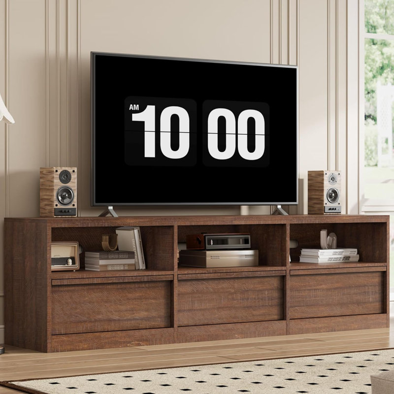 Mid-Century Modern TV Stand for 85 Inch TVs, Entertainment Center with 3 Drawers & Open Shelves, Brown, Brown