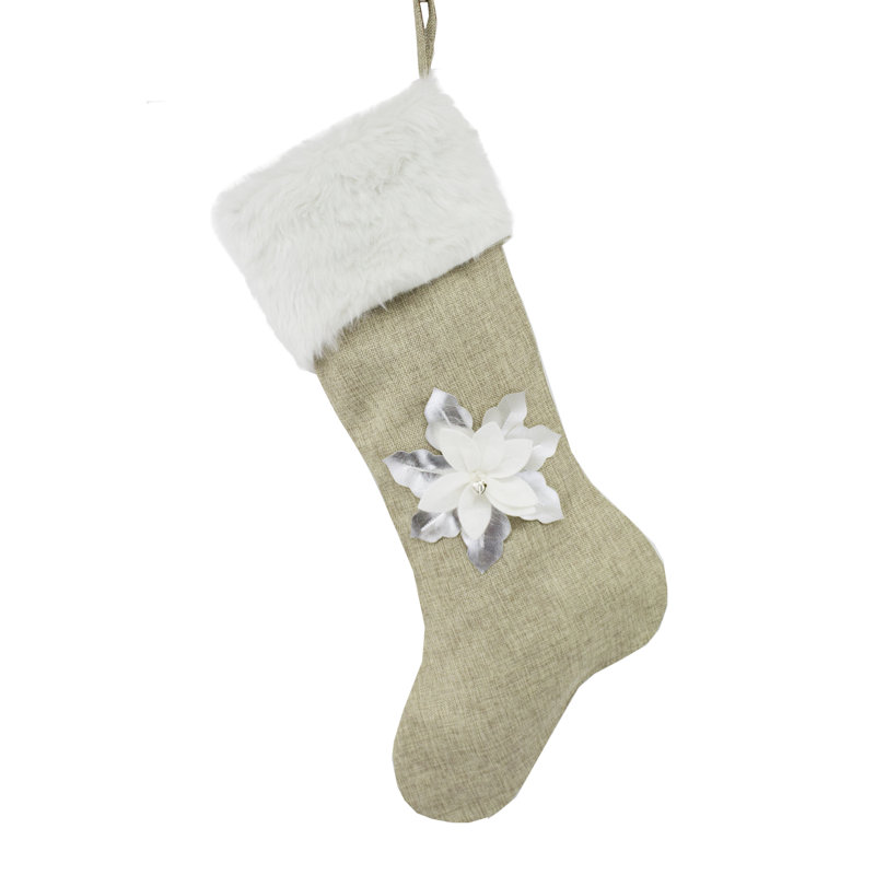 Chaussette de Noël 3D poinsettia, Naturel / blanc / argent