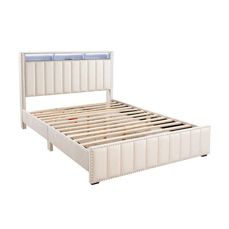 Lit rembourré Mcmillan Led, Beige, Grand lit
