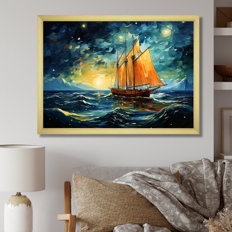 «Moonlight Saiboat Horizon III - Bateau à voile, art mural», Cadre doré à coins fermés, H 12 po x l 20 po x P 1 po