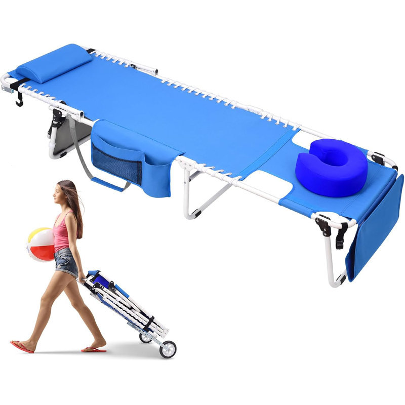 Heavy Duty Folding Tanning Chair With Adjustable Recline, Padded Face Hole, Detachable Wheels, And Portable Design For Outdoor Sunbathing, Pool, Beach, And Patio