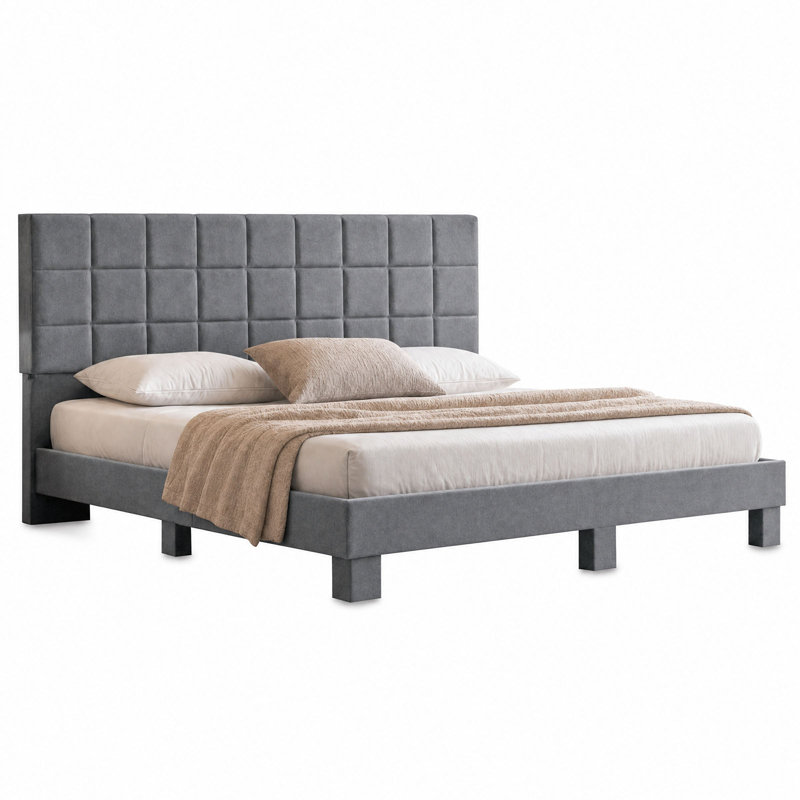 Très grande base de lit tapissier capitonné très grand King, tissu de lin, gris clair