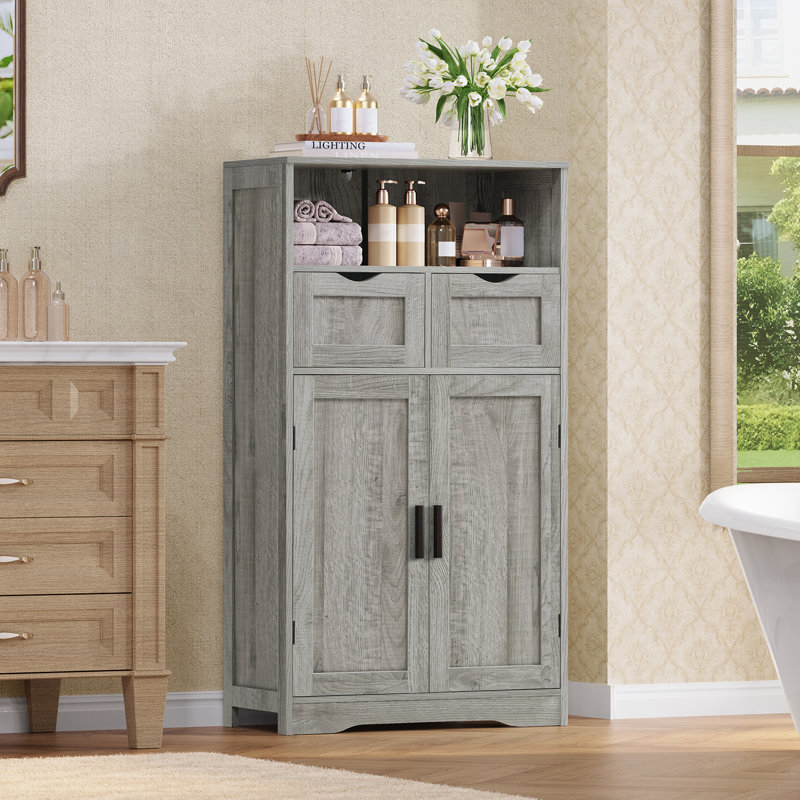 Millwood Pines Large Storage Cabinet,Bathroom Storage Cabinet With 2 Adjustable Drawers & 2 Shelf, Gray