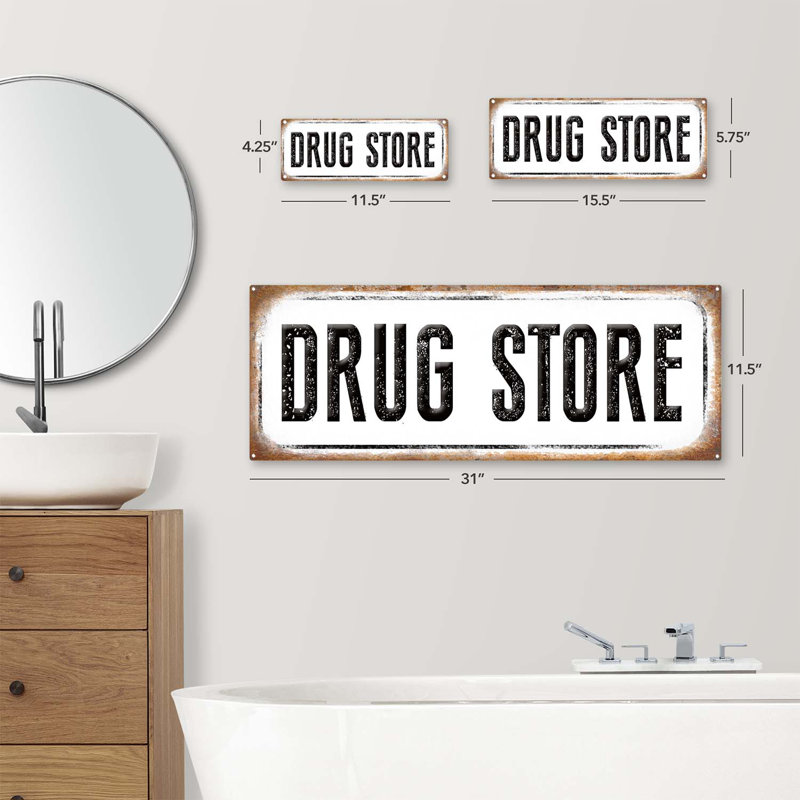 Distressed, Drug Store Metal Sign, 4.25" H x 11.5" W x 0.04" D