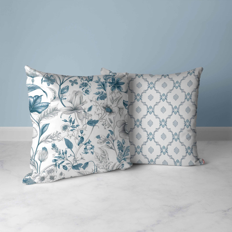 Indoor / Outdoor Floral Square Cushion, Blue/White , 46cm H x 46cm W