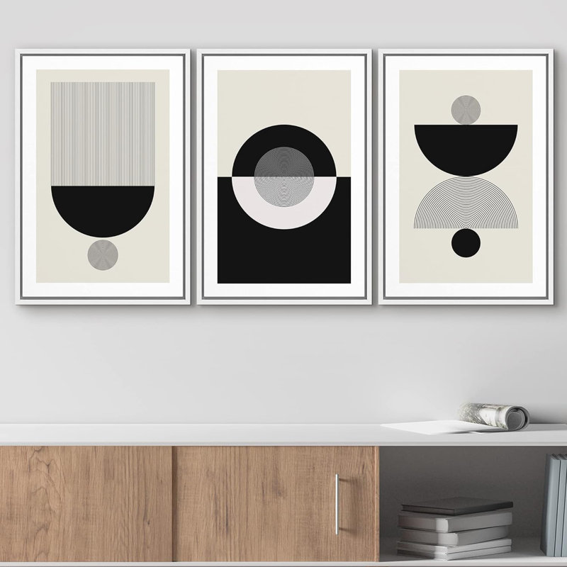 Abstract Geometry " Boho Black Grey And White Semi Circle Variety Abstract Patterns Modern Art Bohemian Chic " 3 - Pieces