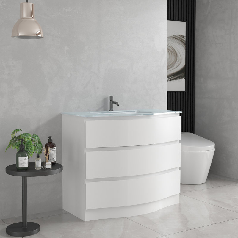 Gabbie 36 po L x 20 po P 3 tiroirs Meuble-lavabo autoportant avec évier simple et Comptoir en Verre blanc