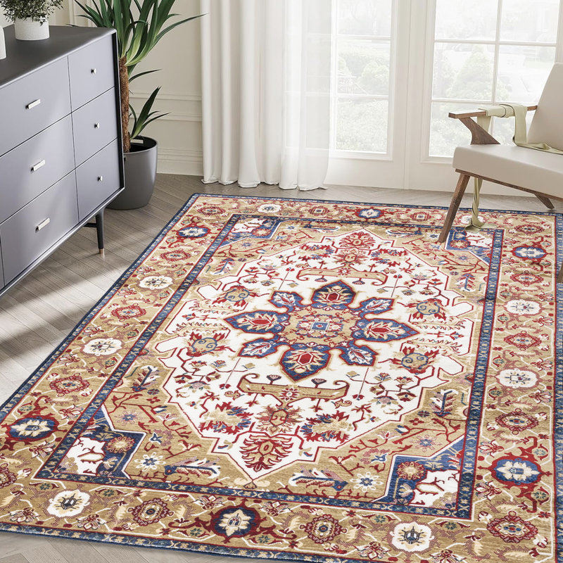 5X7 Washable Area Rug, Blue/Gold Floral, Non-Slip, Retro Style For Bedroom, Guest Room Non-Slip Washable, Floral Living