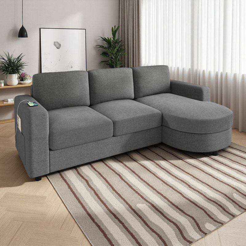 Canapé modulaire moderne en L de 84,6 po avec méridienne incurvée, ports USB et poches de rangement latérales Modern