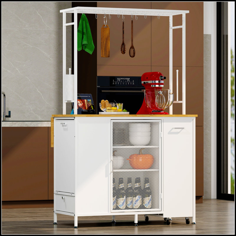 Îlot de cuisine polyvalent avec bar à déjeuner pliable, grand espace de rangement et comptoir durable pour les petites cuisines