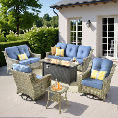 Demariea Outdoor Wicker 7 Person Seating Group With Cushions With Swivel Rocking Chairs And Fire Pit Table
