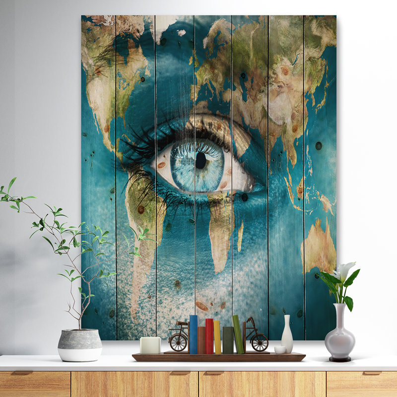 «Planète terre et œil bleu», impression, H 40 po x l 30 po x P 1,5 po, Bois
