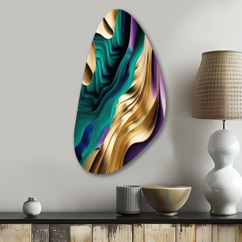 Purple, Green And Gold Bold Strokes III - Abstract Fall Shape Assymterical Metal Wall Art, 31" H x 17" W x 1" D