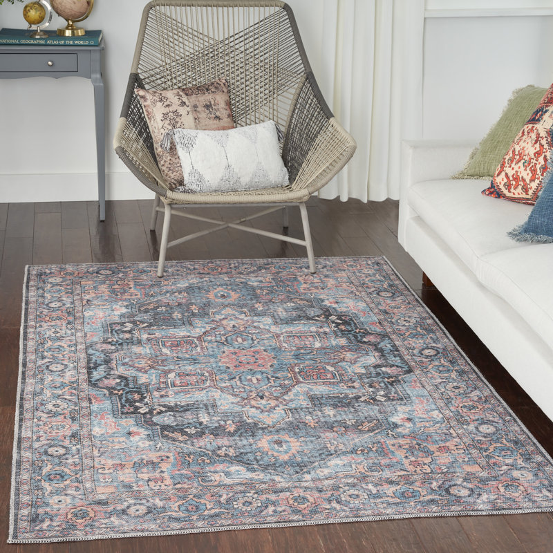 Tapis en polyester lavable à la machine Medallion en bleu clair / orange / gris, Rectangle 5 pi 3 po x 7 pi 3 po