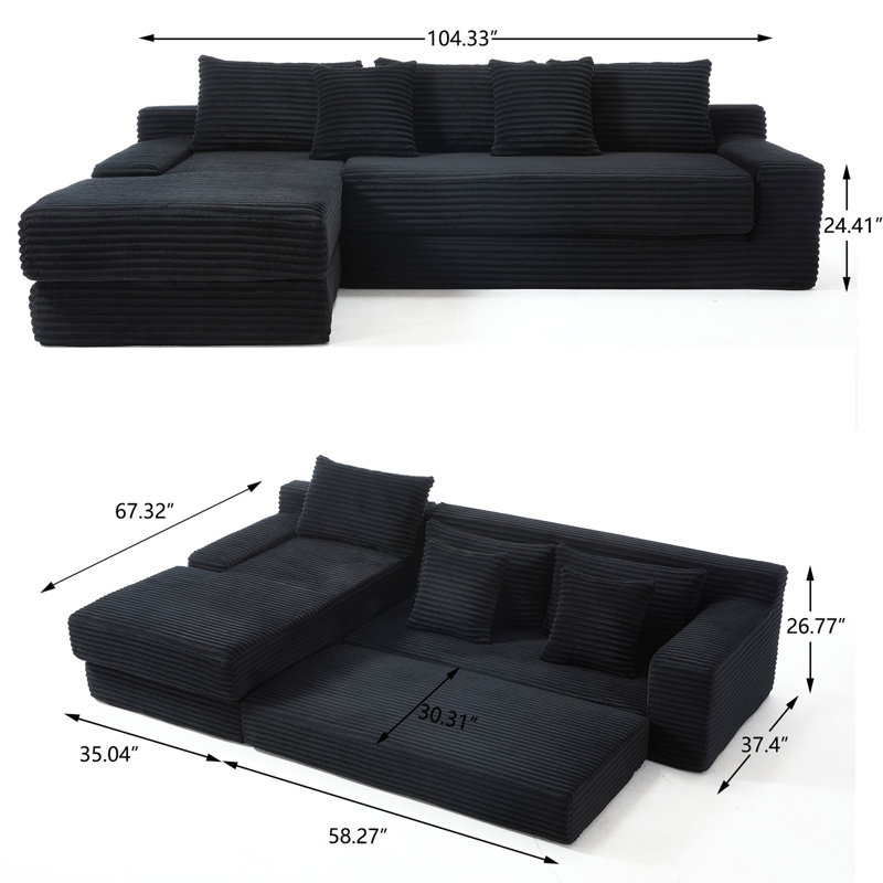 Canapé-lit modulaire réversible 104,34 po, Velours côtelé noir