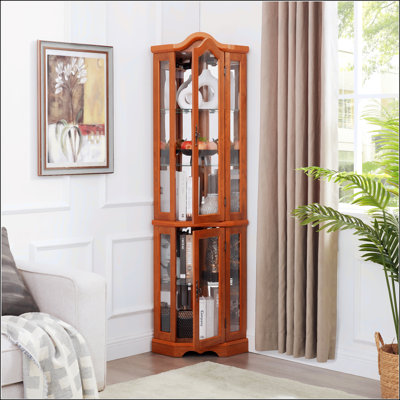 Lighted Corner Curio Cabinet With Tempered Glass Doors And Shelves - Elegant Oak Display Storage For Living Room And Bedroom Decor