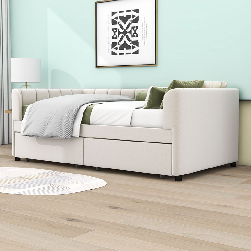 Copelyn Twin Size Velvet Upholstered Daybed with 2 Drawers, Beige