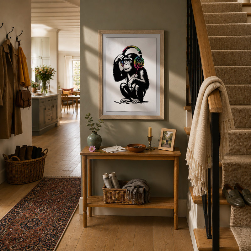 Chimp in Headphones Modern - Framed Print, A1 - 84.1 x 59.4 cm, Oak