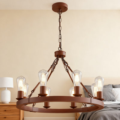 Farmhouse Wagon Wheel Chandelier Light Fixture 8-Light Rustic Wood And Metal Round Pendant For Dining Room Living Room Foyer Entryway