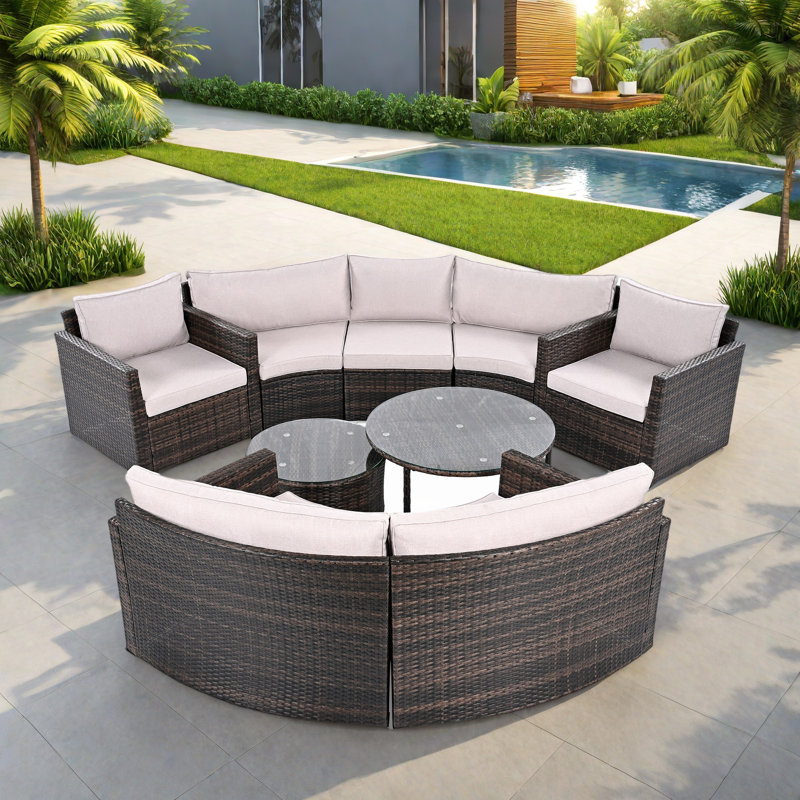 9-Piece Outdoor Half-Moon Wicker Conversation Sets With 1 Nesting Coffee Table And Tempered Glass Top