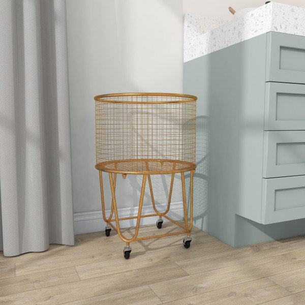 Metal Deep Set Rolling Mesh Laundry Basket Storage Cart, Gold