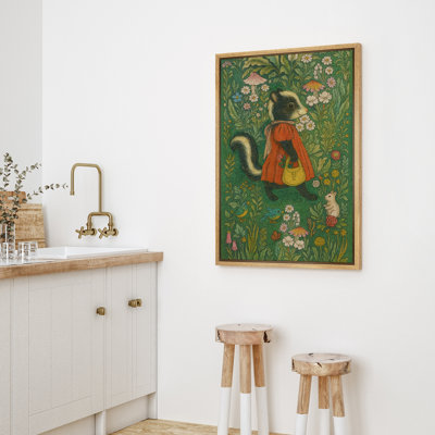 «Skunk in Red Dress with Wildflowers», art sur toile encadré - Personnage animal mignon pour chambre d'enfants