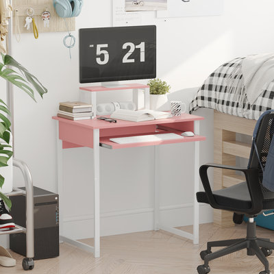 Modern Computer Desk with Monitor Stand & Keyboard Tray, Compact Workstation for Adults