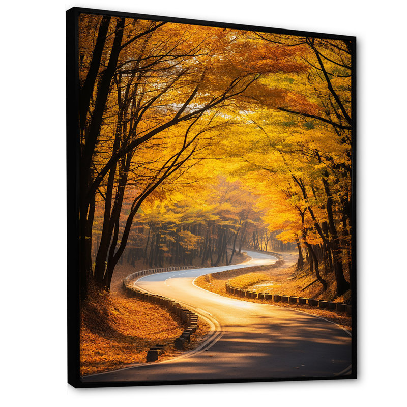 «Golden Autumn Road Into The Forest II» - art mural route, Cadre flottant noir, H 32 po x l 24 po