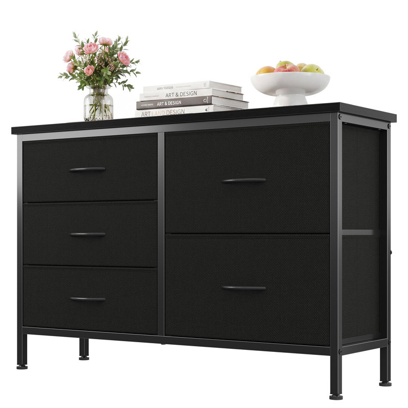 Commode en tissu avec plateau en bois, commode l 39,4 po avec 5 tiroirs, rangement, commode, Noir