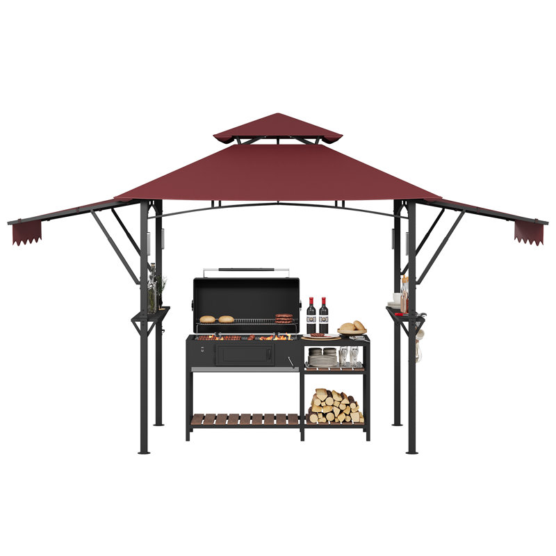 Heavy Duty 8x5 ft Grill Gazebo for Outdoor BBQ – Double-Tier Steel Patio Shelter with Adjustable Dual Side Awnings, 2 Shelves, Hooks, LED Light Hook – Backyard, Lawn, Garden – Wine Red
