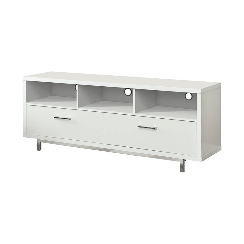 Console de télévision blanche de 60 pouces avec 2 très grands tiroirs inférieurs et 3 espaces de rangement ouverts