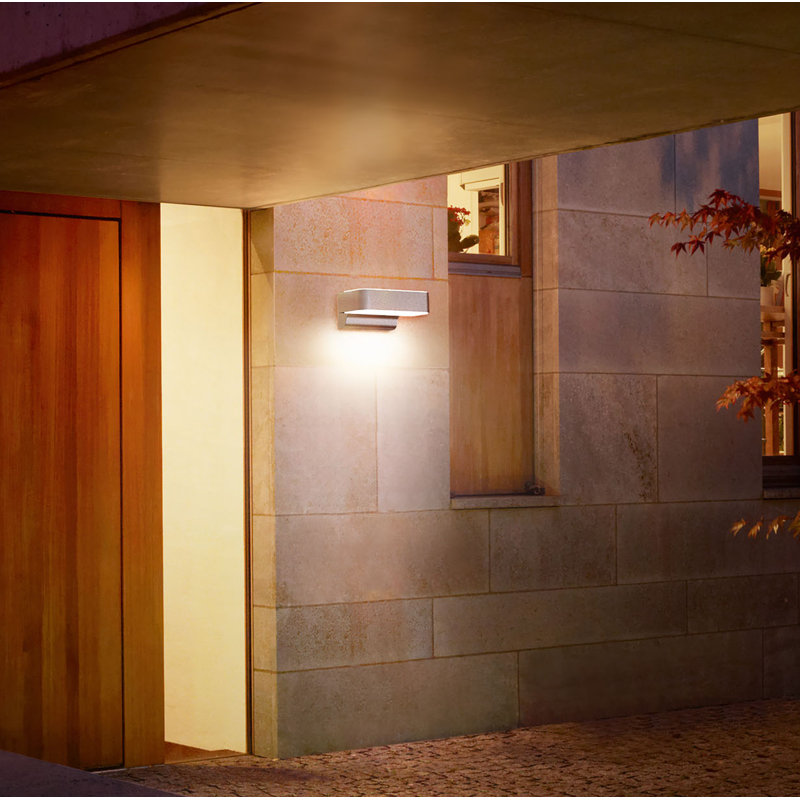 L 800 Silver Integrated LED Outdoor Sconce with Dusk to Dawn, 8.8cm H x 23cm W x 14.6cm D, 7.5W