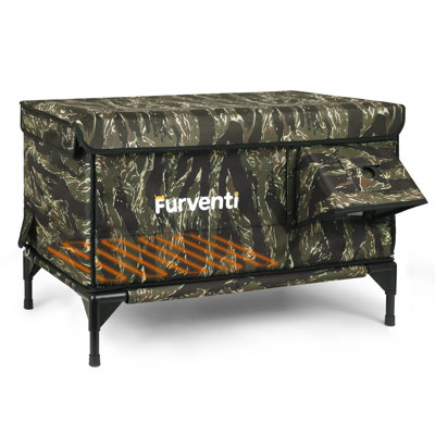  Elevated Heated Outdoor Cat House With Waterproof Roof,Tiger Camouflage