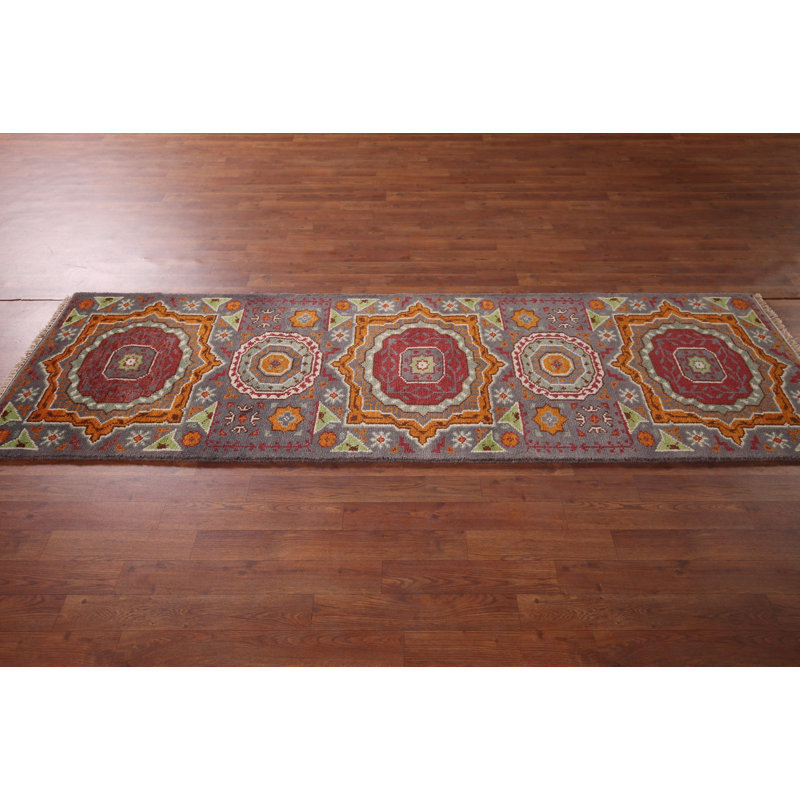 Tapis de couloir oriental géométrique en laine Kazak 3 x 8