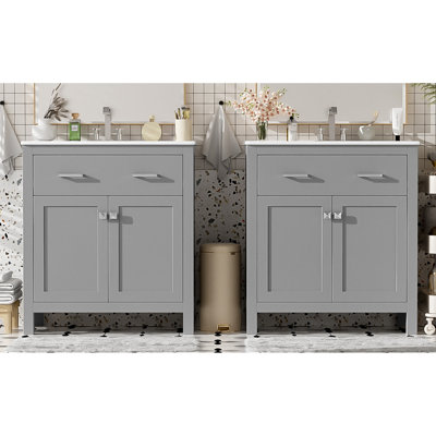 " Modern Gray Bathroom Vanity Set With Double Ceramic Sinks, Ample Storage, And Soft Closing Doors