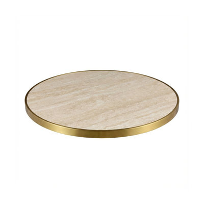 Round, Beige Travertine-Look Sintered Stone Table Top with Gold Stainless Steel Edge for Indoor and Outdoor Use