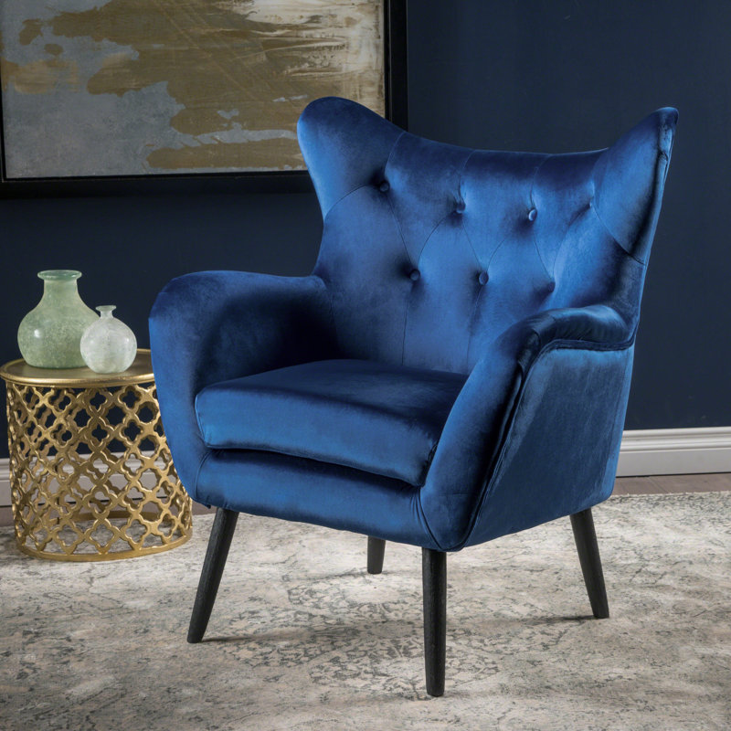 Mid-Century Velvet Arm Chair, Navy Blue Velvet, Black