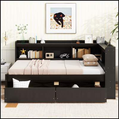 L-shaped Bookcases Bed with Power Outlets, USB Charging Ports, and Two Drawers for Modern Bedrooms
