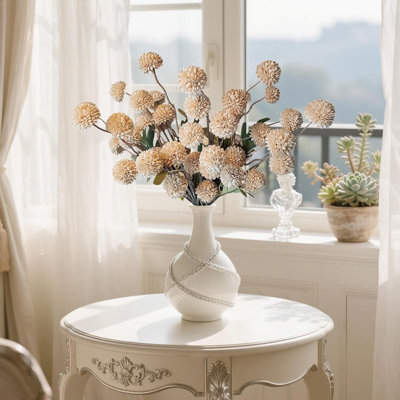  Beige Faux Pompon Mums Floral Arrangement, 10 Pcs Fake Flowers, Artificial Mums With Long Stems, Champagne Plastic Flowers Silk Dried Flowers Home Decor(no Vase)