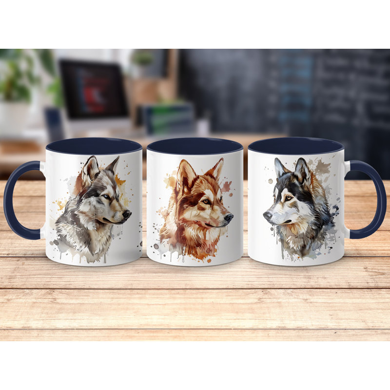 Majestic Watercolor Wolf Dog Design 11oz Coffee Mug, 3, Navy
