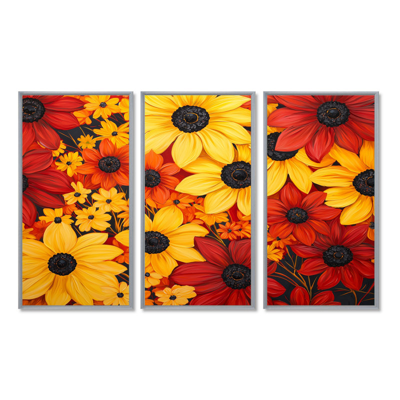 «Autumn Daisy Garden Charm I» - ensemble d'art mural marguerites, Reproduction avec cadre flottant, Silver, 28" H x 36" W