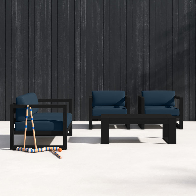 Smith 4 - Person Patio Conversation Set with Cushions, Spectrum Indigo Sunbrella®, Black, 15.75" H x 45.25" W x 25.5" D