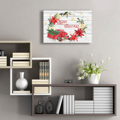 «Red Truck Christmas Wreath» par Jean Plout, art mural en verre acrylique, 24 po x 16 po
