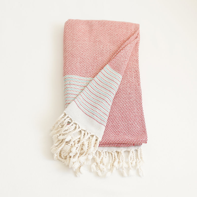 Handwoven Red Turkish Cotton Throw Blanket Set with Tassels