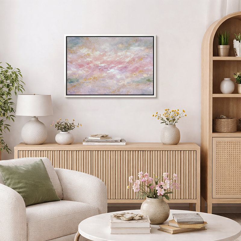Abstrait pastel rose doré, composition de nuage, images de salon élégantes, impression sur toile encadrée, Cadre blanc