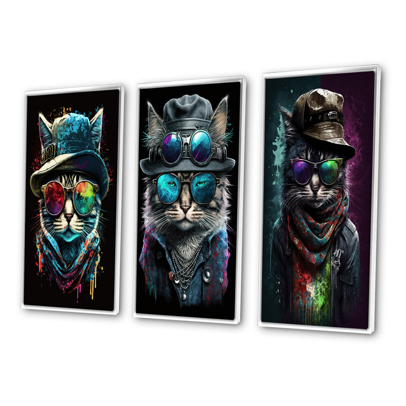 «Chat froid avec des lunettes de soleil amusantes et un chapeau», 3 pièces sur toile, H 28 po x l 36 po, Cadre flottant blanc