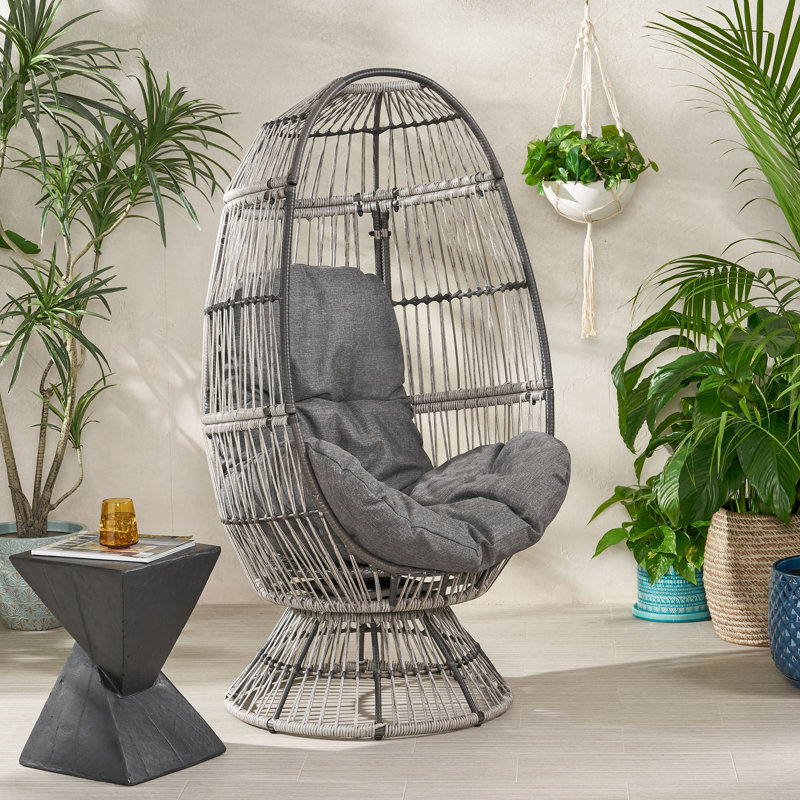 Outdoor Wicker Swivel Egg Chair With Cushion For Outdoor Space, Gray Cushion/Gray Frame